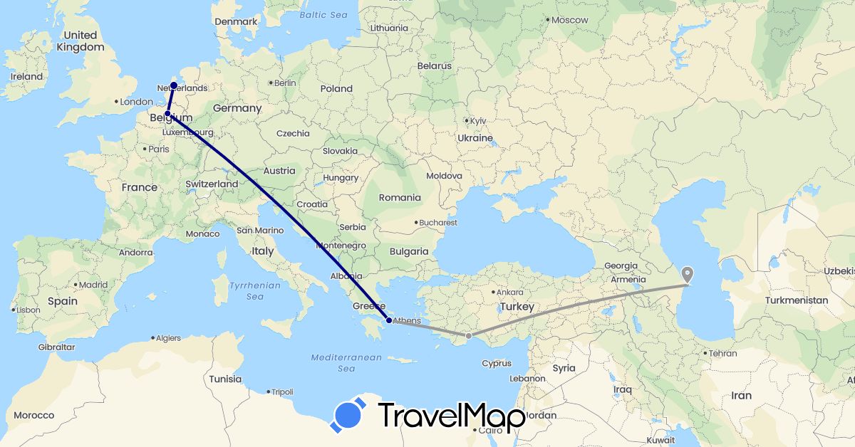 TravelMap itinerary: driving, plane in Azerbaijan, Belgium, Greece, Netherlands, Turkey (Asia, Europe)